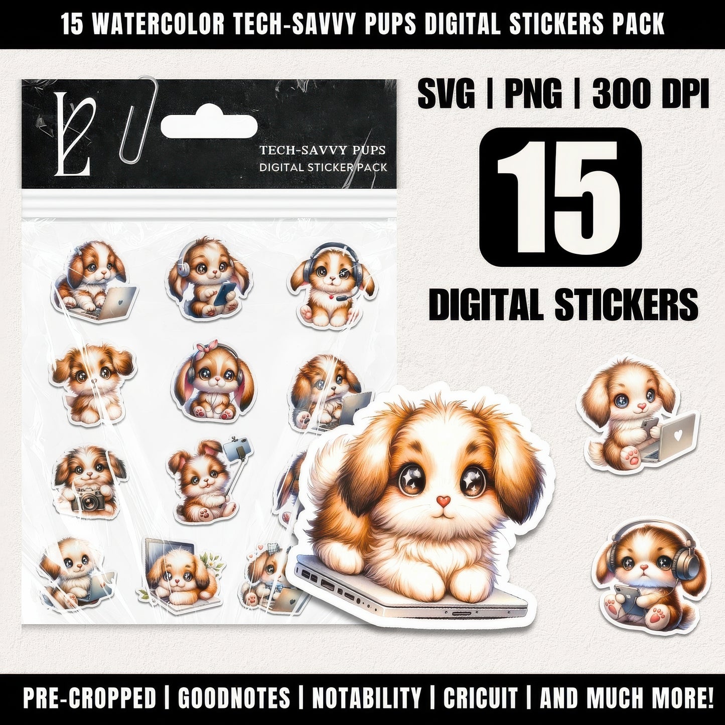 15 Watercolor Tech-Savvy Pups Digital Stickers Pack