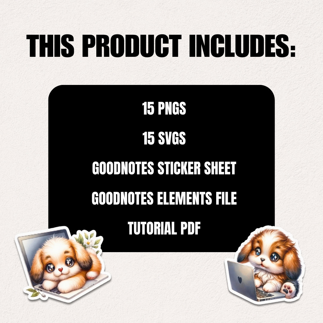 15 Watercolor Tech-Savvy Pups Digital Stickers Pack