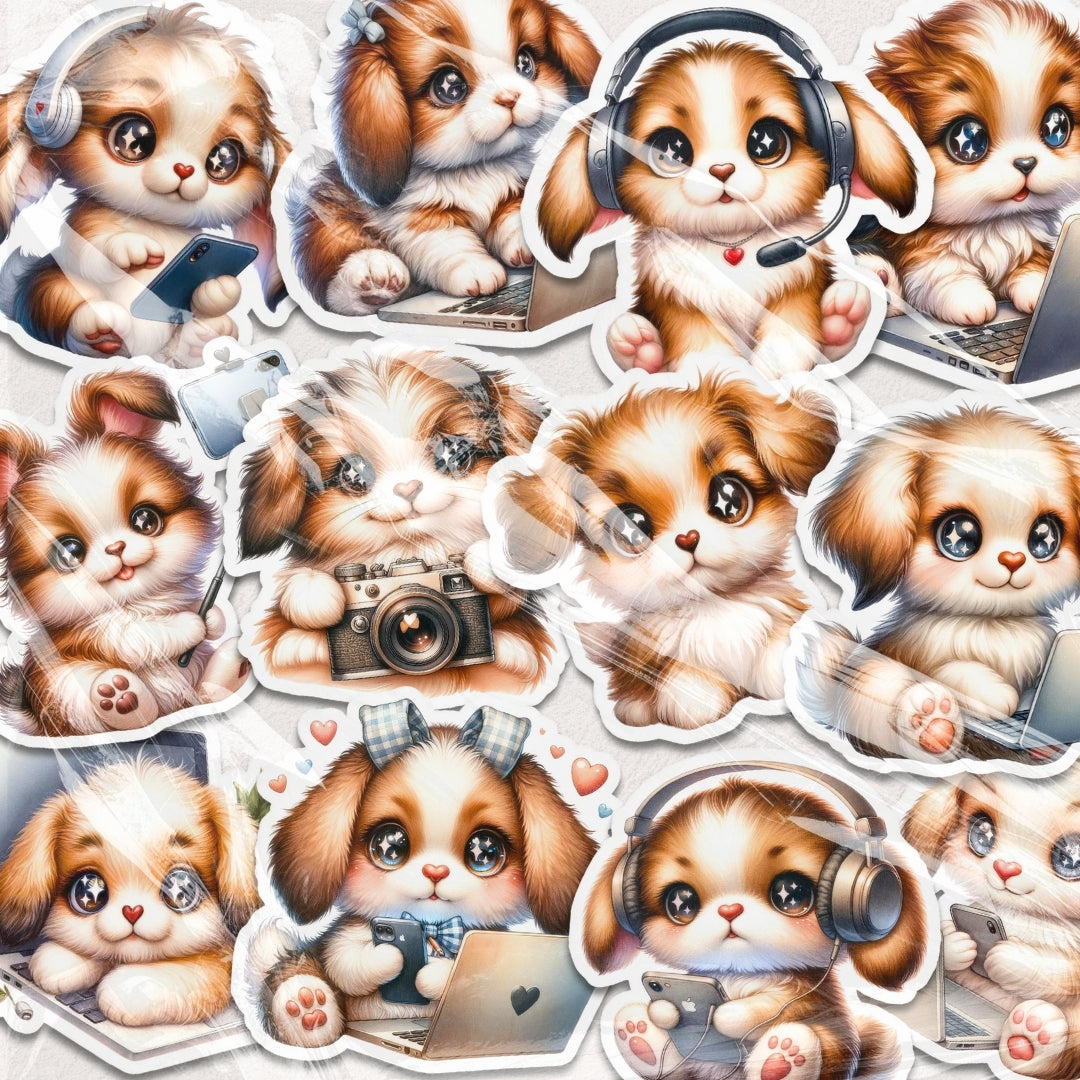 15 Watercolor Tech-Savvy Pups Digital Stickers Pack